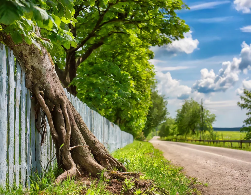Deformacja ogrodzenia przez korzenie drzew - ekspertyza budowlana Krakow