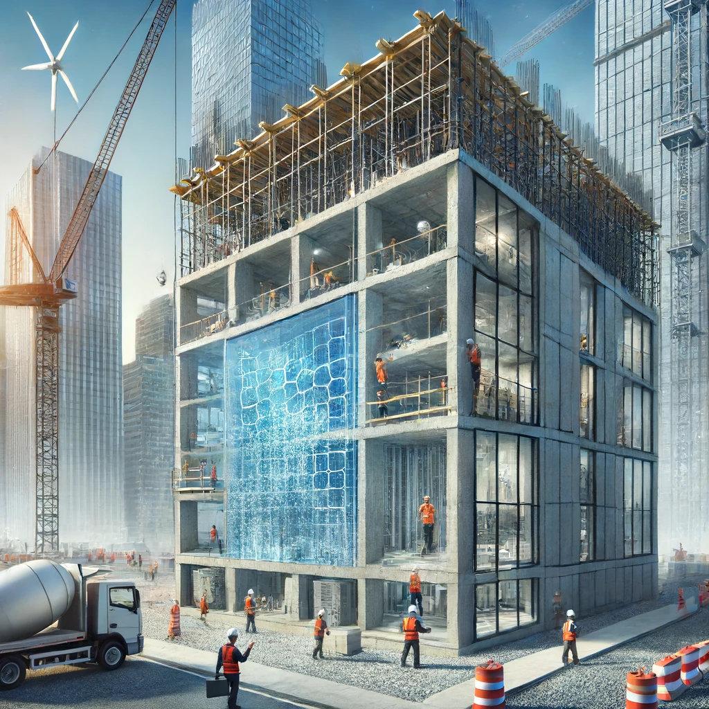 Zdjęcie przedstawia pracowników na placu budowy, którzy stosują zaawansowane materiały budowlane, takie jak samoleczący beton i energooszczędne panele. Scena ukazuje innowacje i zrównoważoność we współczesnym budownictwie.