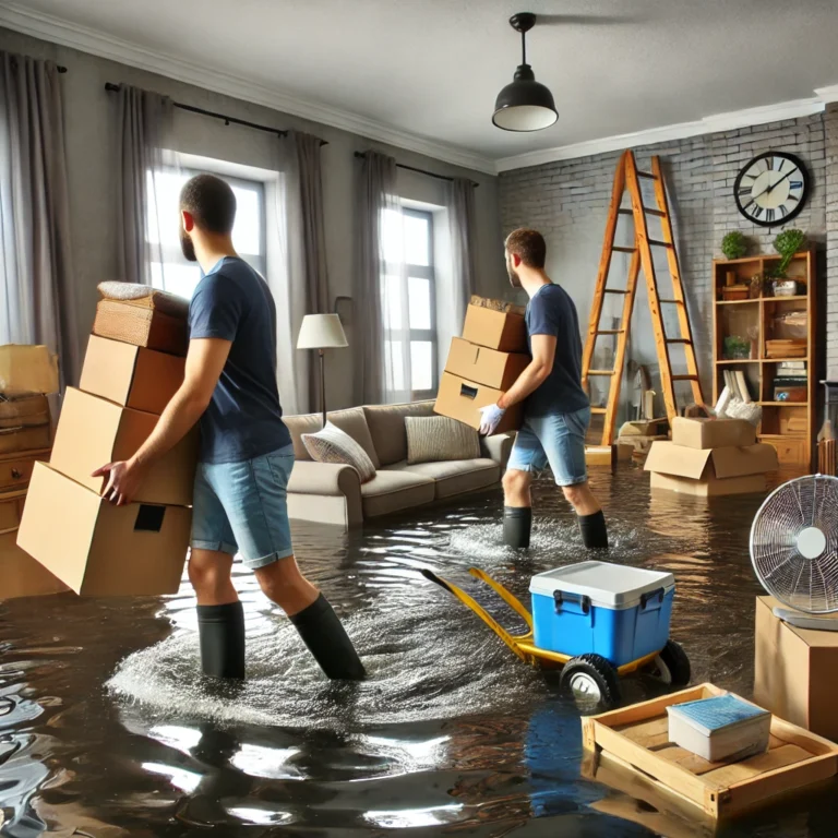Przenoszenie mebli i cennych przedmiotów na wyższe piętra w zalanym domu, zabezpieczając mienie przed dalszymi uszkodzeniami w czasie ewakuacji po powodzi.