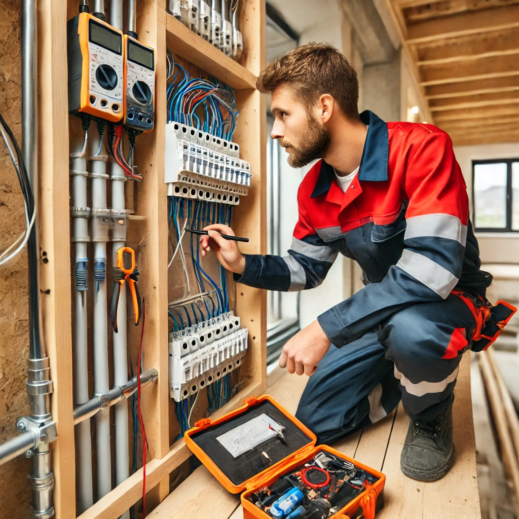 Inspektor budowlany w Częstochowie przeprowadza dokładną kontrolę instalacji elektrycznych w nowo wybudowanym budynku, skupiając się na zgodności z przepisami bezpieczeństwa, dbałości o szczegóły i jakości wykonania prac elektrycznych, co jest kluczowe dla zapewnienia bezpiecznego użytkowania obiektu.