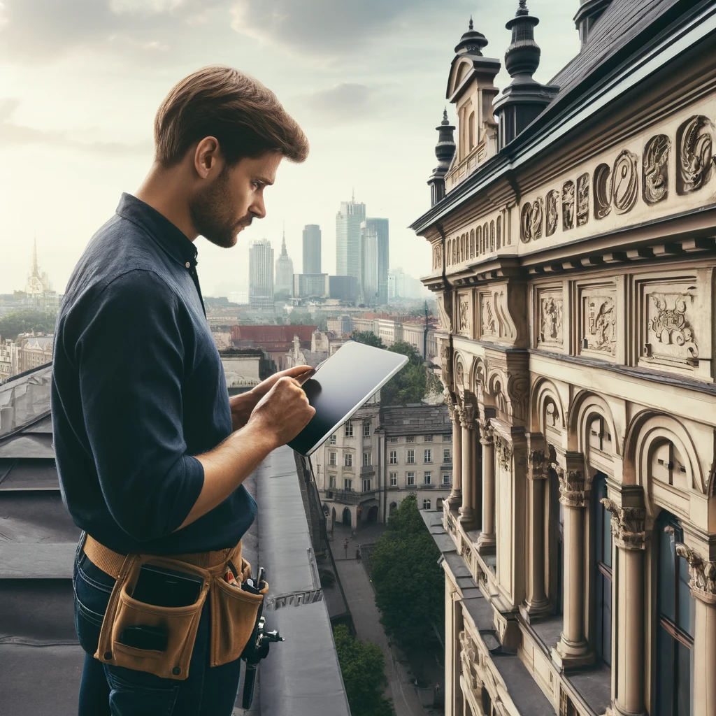 Doświadczony inżynier budowlany oceniający stan techniczny budynku w trakcie renowacji w Poznaniu, analizujący szczegółowe plany budowlane, narzędzia konstrukcyjne i rusztowania, z widocznymi elementami architektonicznymi oraz procesem modernizacji. Inżynier koncentruje się na zapewnieniu zgodności remontu z wymogami technicznymi, co jest kluczowe dla bezpieczeństwa budynku w dynamicznie rozwijającym się rynku nieruchomości w Poznaniu.