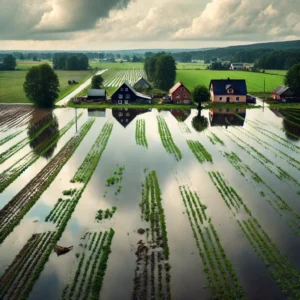 Obszar rolniczy w pobliżu Kłodzka zalany przez intensywne opady. Woda pokrywa pola, niszcząc uprawy i powodując poważne straty dla lokalnych rolników. Powódź na terenach uprawnych w Kłodzku po silnych deszczach.