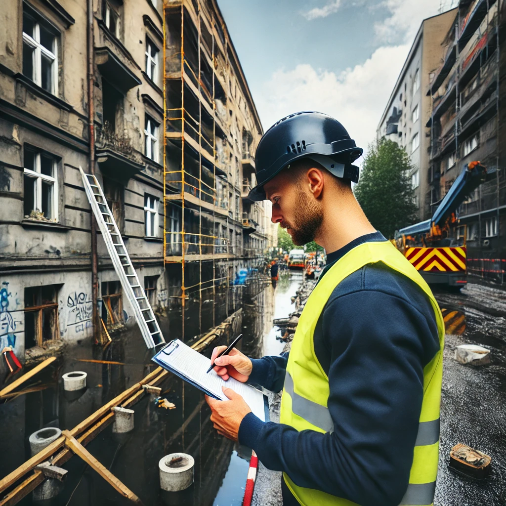 Na zdjęciu widoczny jest rzeczoznawca budowlany dokonujący oceny szkód po zalaniu budynku w Katowicach. Specjalista przygotowuje szczegółowy plan napraw, analizując stan techniczny konstrukcji. Proces oceny ma kluczowe znaczenie dla zapewnienia bezpieczeństwa budynku oraz prawidłowej realizacji prac remontowych.