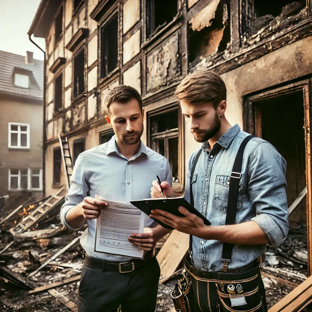 Na zdjęciu właściciel nieruchomości i rzeczoznawca omawiają zniszczenia spowodowane przez pożar w budynku w Świętochłowicach. Mężczyźni stoją na tle uszkodzonej struktury, analizując szkody i planując remont. Widoczne są wypalone ściany, zniszczony dach oraz resztki spalonego wyposażenia. Rzeczoznawca, z dokumentami w ręku, ocenia wartość strat materialnych, podczas gdy właściciel nieruchomości zastanawia się nad kolejnymi krokami. Zniszczenia pożaru w Świętochłowicach wymagają szybkiej interwencji oraz profesjonalnej oceny rzeczoznawcy, co jest kluczowe dla odbudowy nieruchomości.