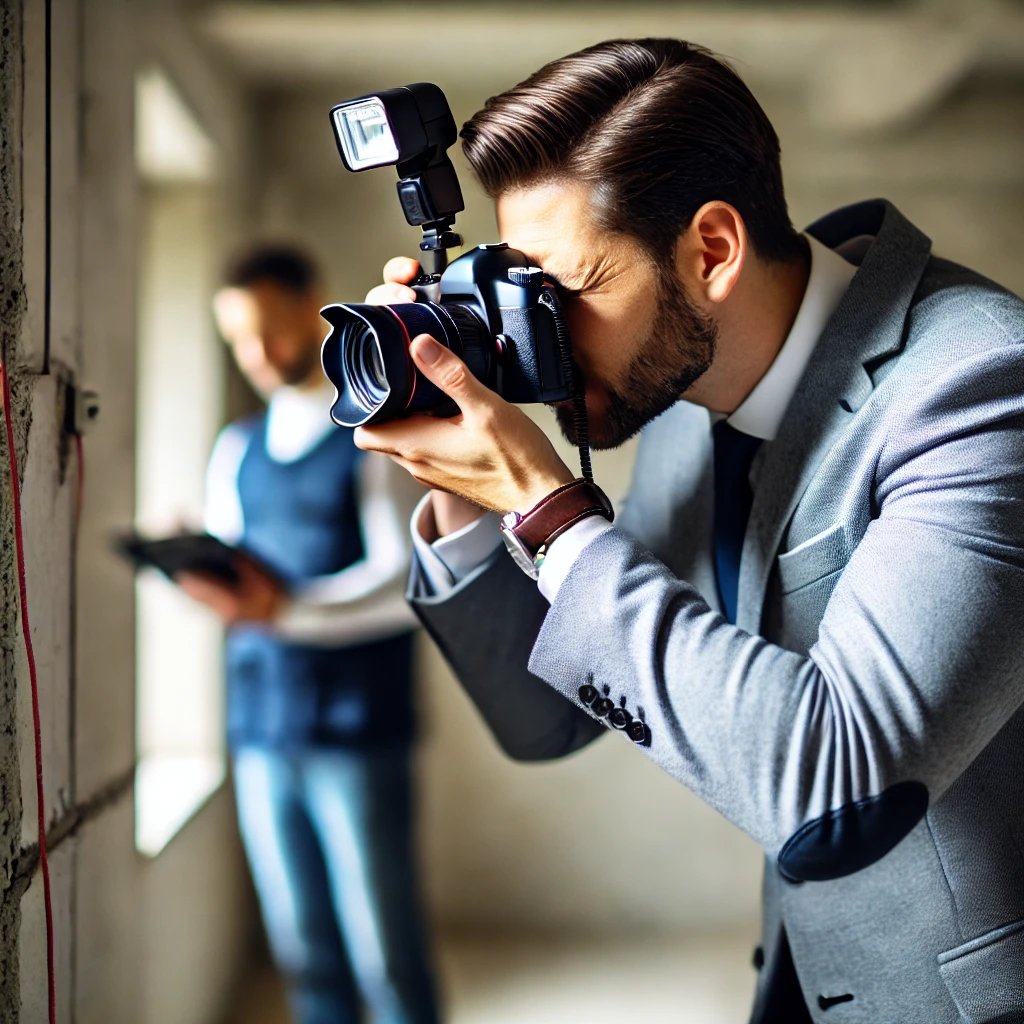 Rzeczoznawca majątkowy fotografuje kluczowe elementy nieruchomości w celu dokładnej oceny jej stanu technicznego i przygotowania operatu szacunkowego.