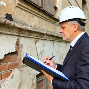 Rzeczoznawca budowlany w kasku ochronnym dokonuje oceny technicznej starego budynku, sprawdzając stan fundamentów i ścian, z widocznymi pęknięciami oraz oznakami zużycia. Trzyma notatnik, notując swoje obserwacje.