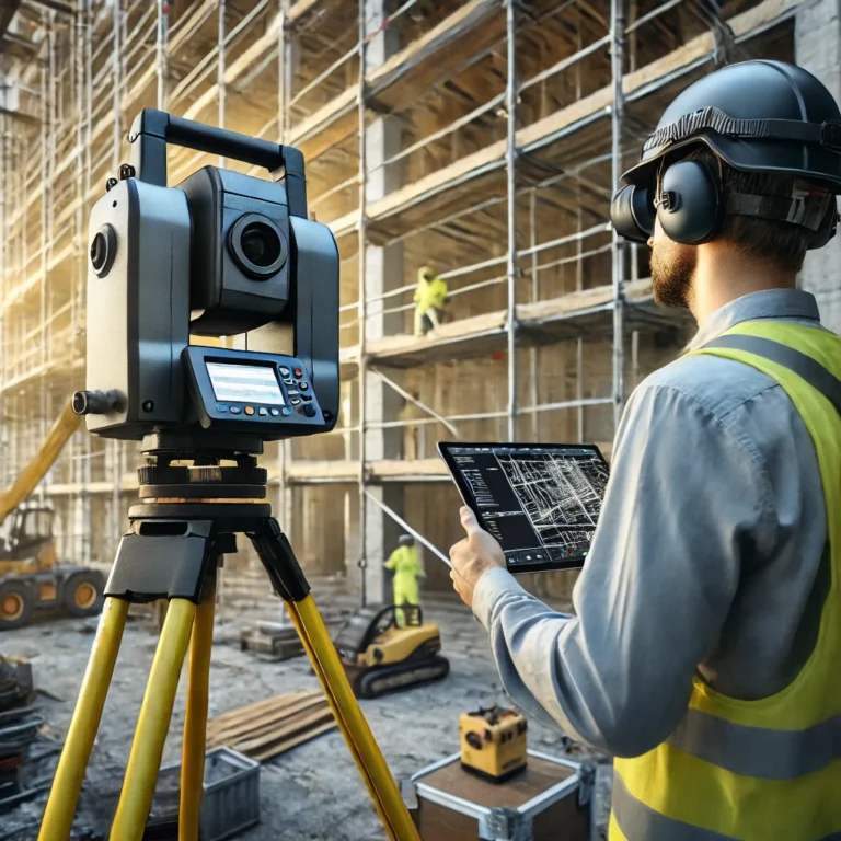 Rzeczoznawca budowlany zdalnie nadzorujący skanowanie 3D budynku na placu budowy, z użyciem lasera 3D.