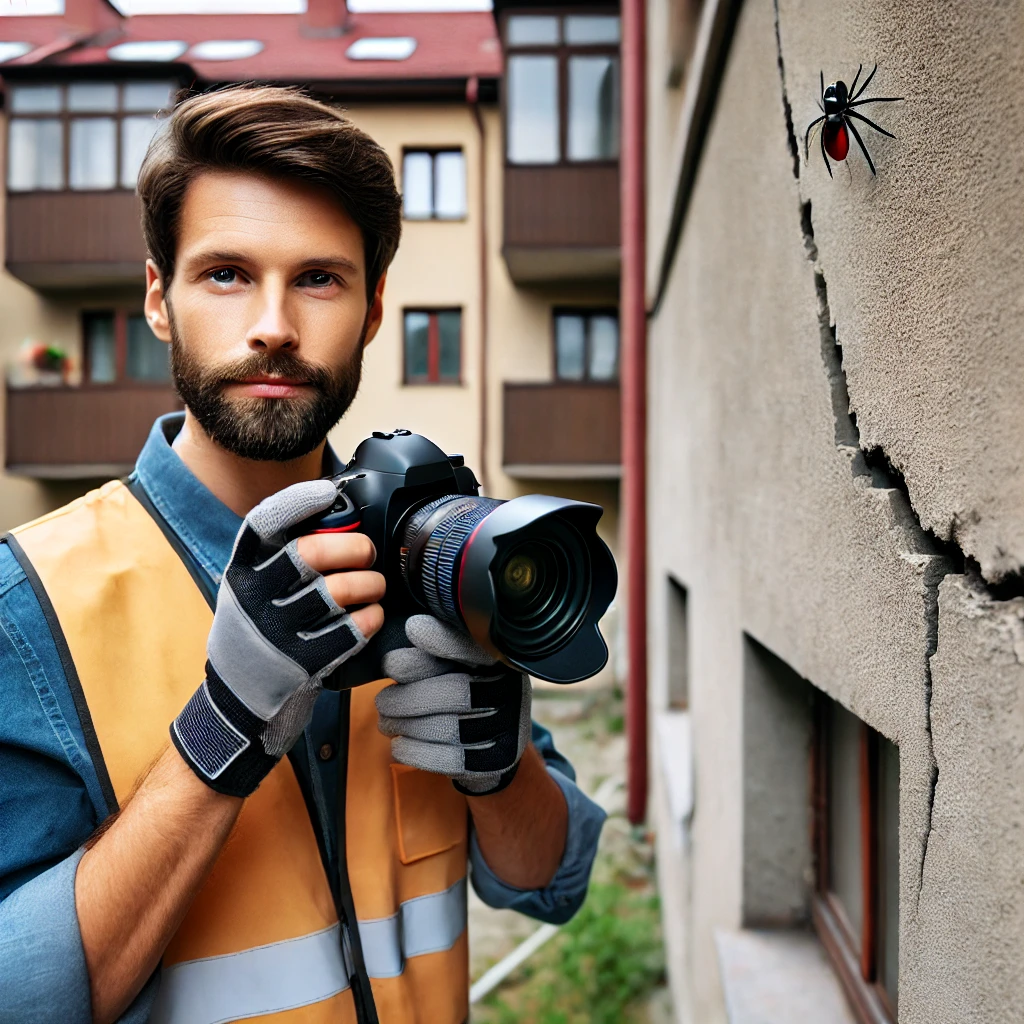 Biegły rzeczoznawca z aparatem fotograficznym dokumentujący pęknięcia na budynku w Częstochowie, ubrany w kamizelkę odblaskową i kask, podczas diagnostyki technicznej nieruchomości.