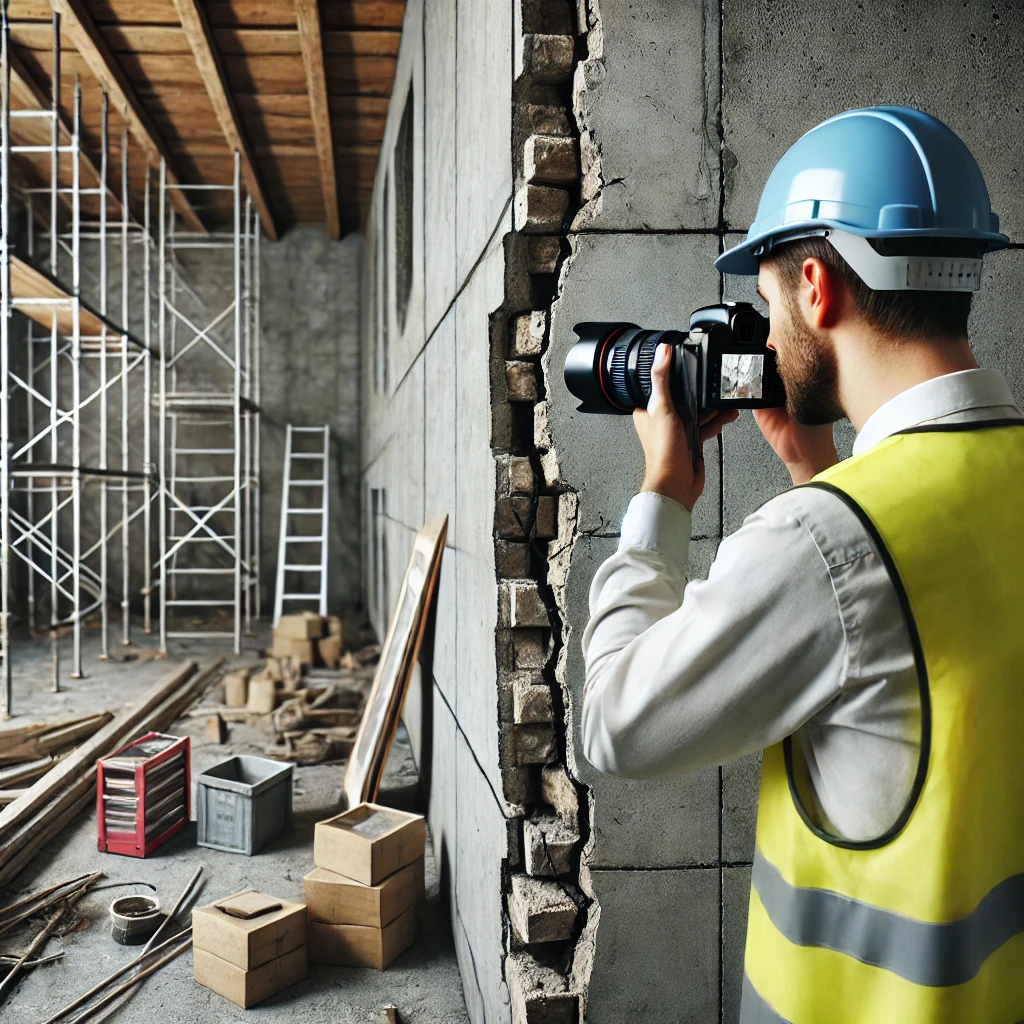 Inspektor budowlany fotografuje uszkodzenia konstrukcji na placu budowy, w tym pęknięcia ścian i problemy z fundamentem. Zobacz, jak wygląda dokumentacja szkód budowlanych.