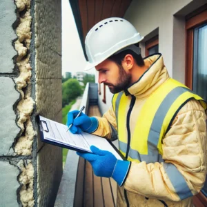 Rzeczoznawca budowlany ocenia balkon pod kątem uszkodzeń związanych z wilgocią, sprawdzając izolację i pęknięcia powierzchni.