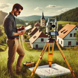 Geodeta w Trzebnicy oznacza granice działki z pomocą total station. Widoczne malownicze tło i architektura miasta, symbolizujące lokalną pracę geodezyjną.