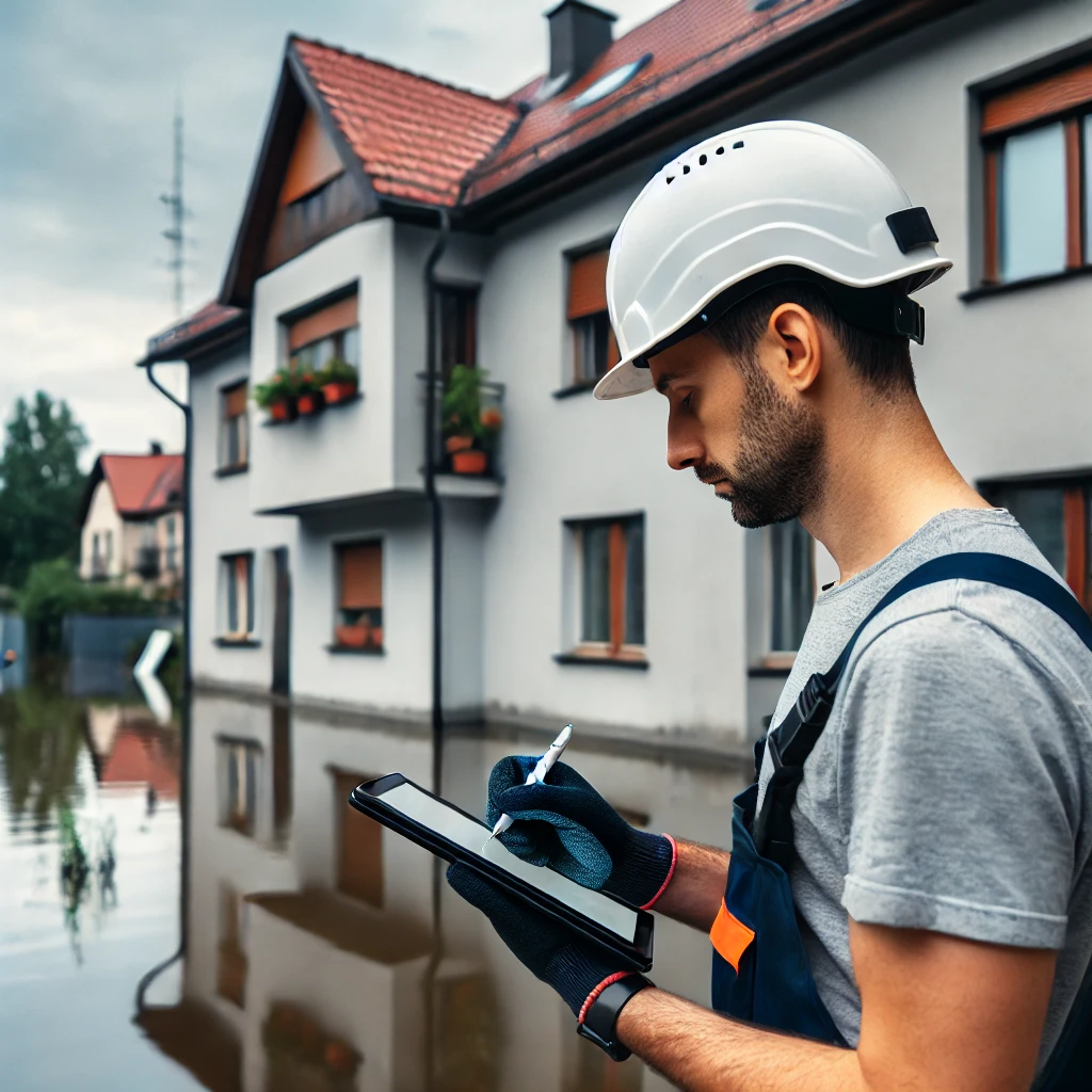 Rzeczoznawca budowlany w Krakowie stojący na zewnątrz zalanego domu, w kasku i rękawiczkach, korzystający z tabletu do oceny szkód.