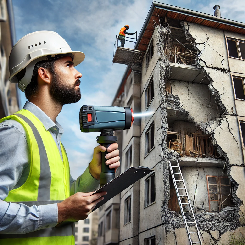 Rzeczoznawca budowlany ocenia przechylony budynek z widocznymi pęknięciami spowodowanymi działalnością górniczą, używając skanera laserowego 3D i notatnika.