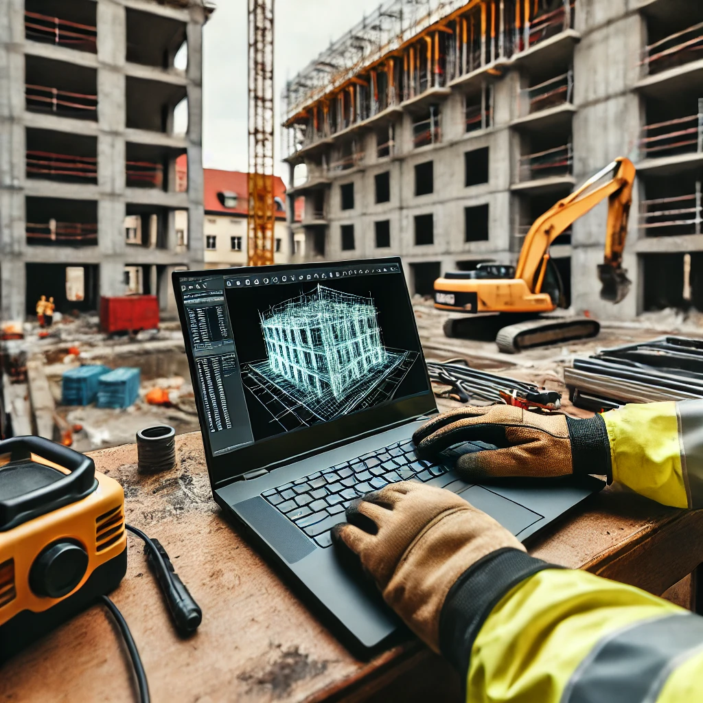 Ekspert budowlany w Poznaniu używający laptopa do analizy danych z laserowego skanowania 3D na placu budowy, z widocznymi rusztowaniami i materiałami budowlanymi.