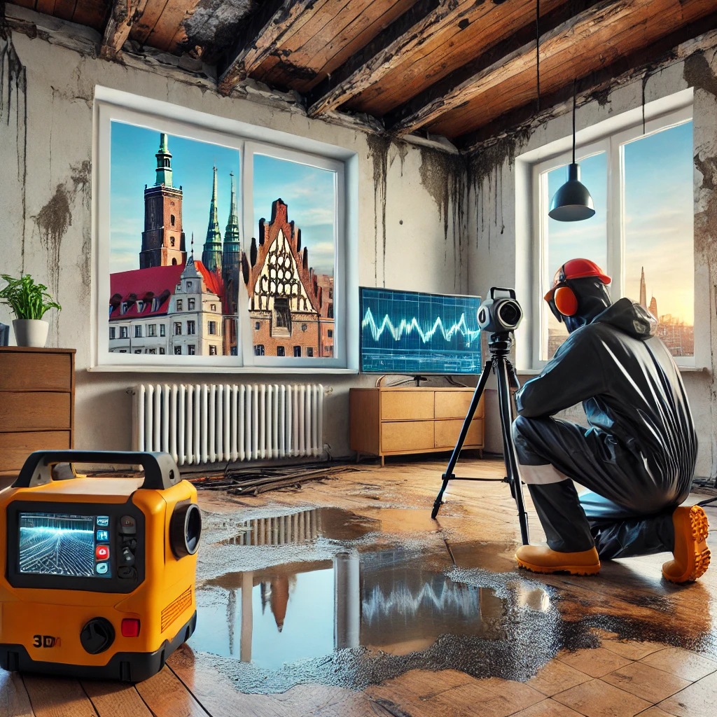 Zalane mieszkanie we Wrocławiu z widocznymi śladami szkód: mokre ściany i zdeformowana podłoga. Ekspert budowlany wykorzystuje skaner laserowy 3D do dokumentacji uszkodzeń.