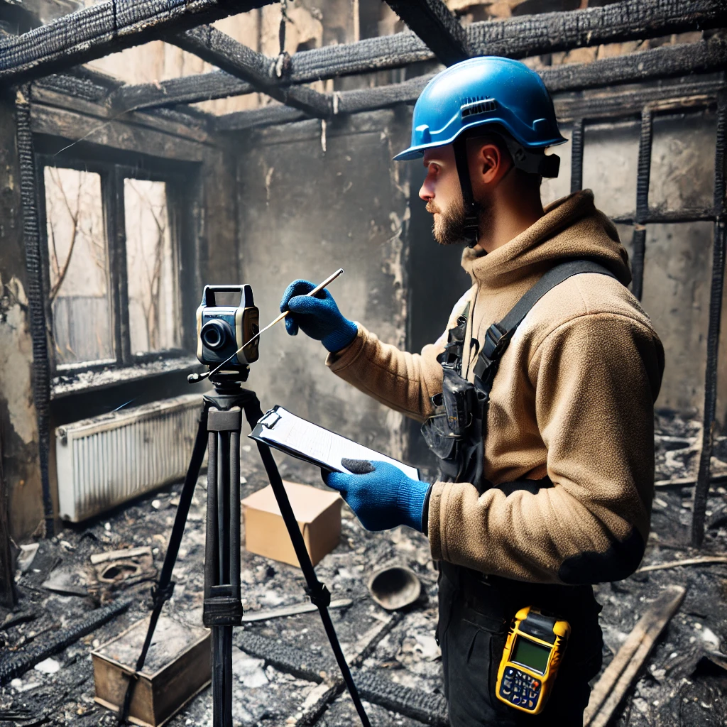 Rzeczoznawca budowlany w kasku i rękawiczkach mierzący uszkodzenia wewnątrz spalonego domu w Kielcach za pomocą miernika laserowego.