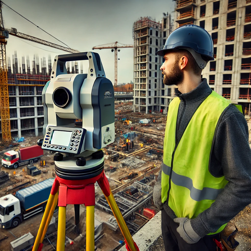 Rzeczoznawca budowlany w Poznaniu nadzorujący skanowanie laserowe 3D placu budowy, w kasku i kamizelce odblaskowej, obok skanera na statywie.