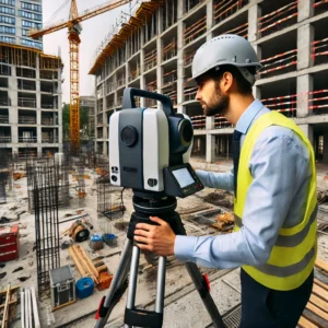 Rzeczoznawca budowlany w Poznaniu używający skanera laserowego 3D na placu budowy, dokumentujący postęp prac i zabezpieczający dowody w kontekście zerwania kontraktu.