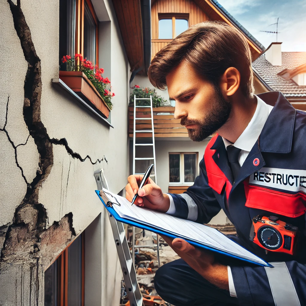 Ekspert budowlany w Szczecinie przeprowadza inspekcję budynku, analizując pęknięcia i uszkodzenia ścian spowodowane zalaniem w celu wyceny szkód i oceny technicznej.