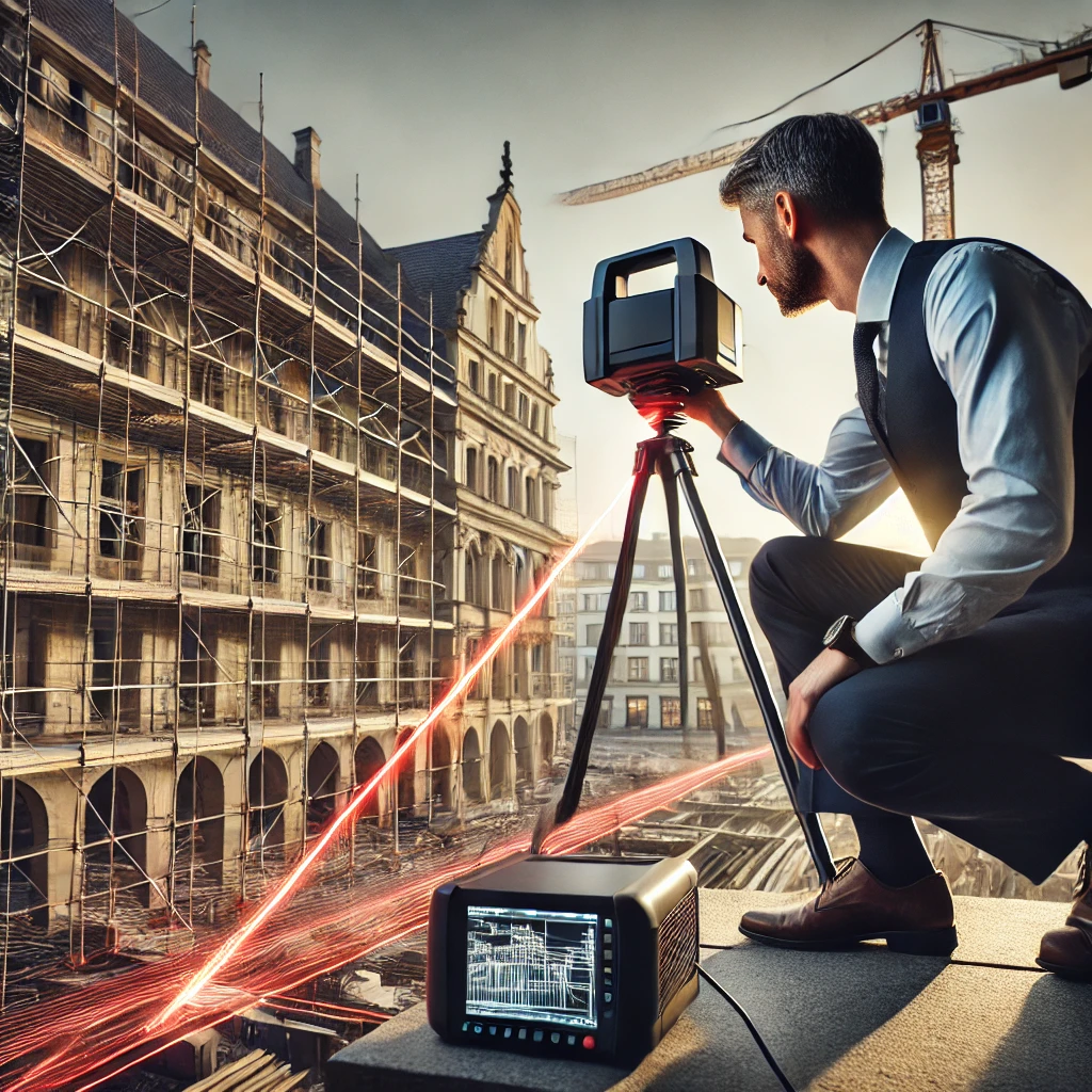 Skaner laserowy 3D w Poznaniu emituje promienie lasera, dokumentując plac budowy i tworząc dokładny model 3D w celu zabezpieczenia materiału dowodowego.