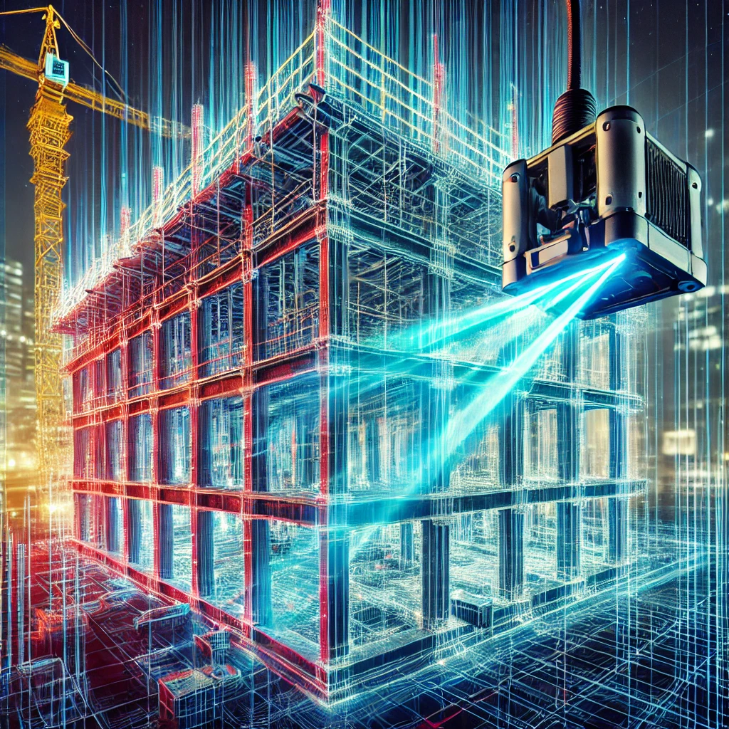 Skaning laserowy 3D na budowie w Warszawie – laserowe wiązki rejestrują detale konstrukcji budynku, tworząc dokładną chmurę punktów dla dokumentacji technicznej.