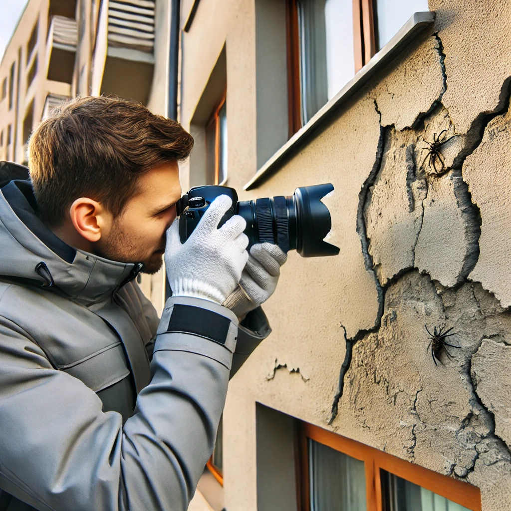 Ekspert budowlany w Zabrzu dokumentujący wady tynków na elewacji budynku za pomocą aparatu fotograficznego, na tle widocznych uszkodzeń ściany zewnętrznej.