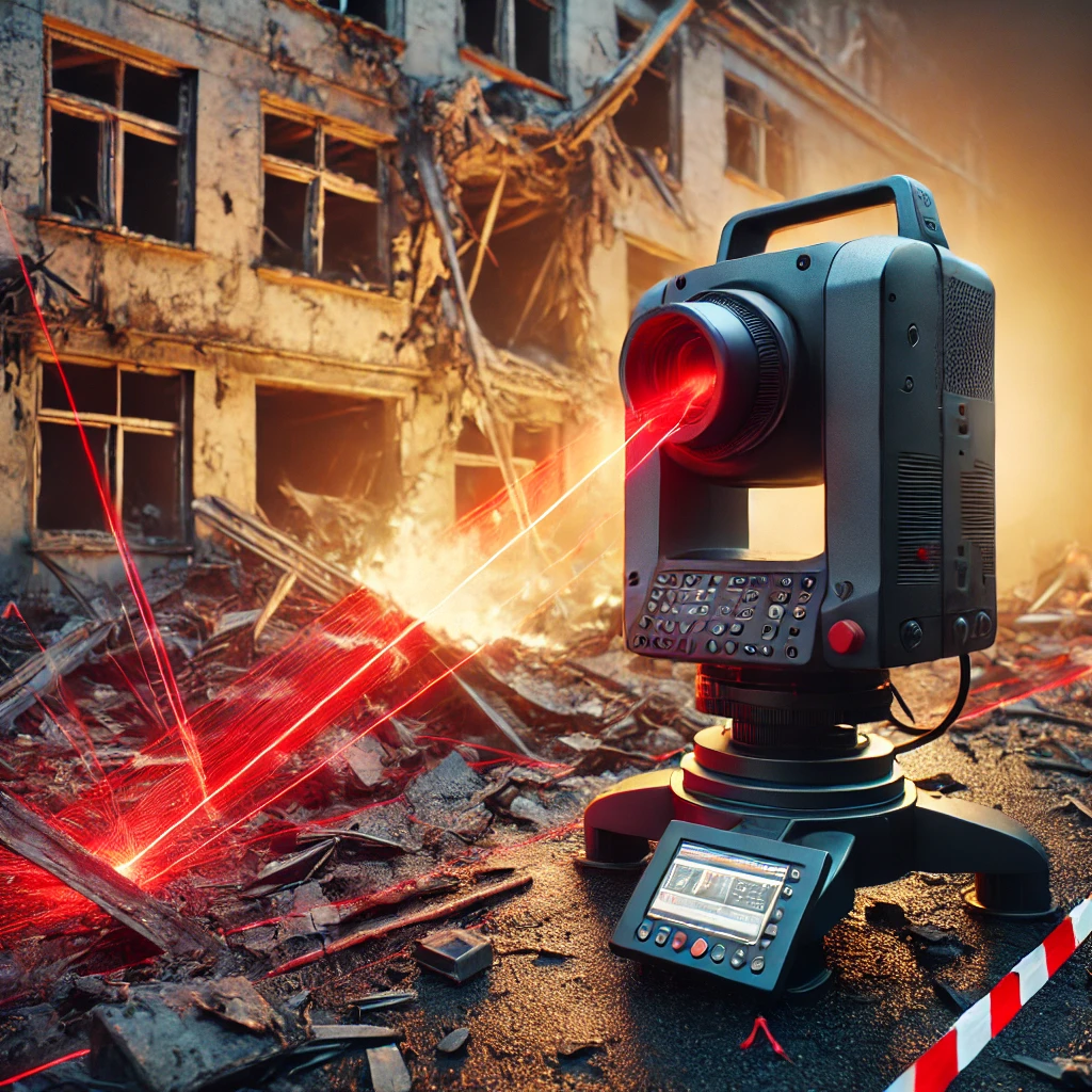 Skaning laserowy 3D na miejscu wybuchu gazu w Krośnie – skaner laserowy omiata uszkodzoną strukturę czerwonymi promieniami.