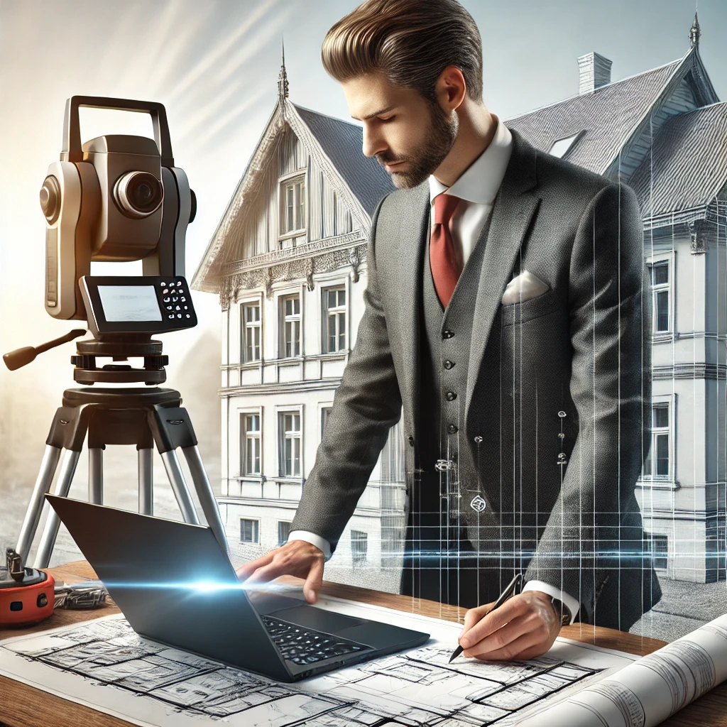 Rzeczoznawca budowlany przy laptopie z planami architektonicznymi i danymi skaningu laserowego, obok skaner 3D na tripodzie.