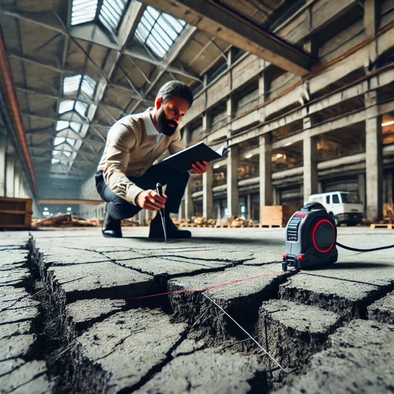 Zbliżenie na uszkodzoną posadzkę przemysłową w Katowicach podczas analizy technicznej.