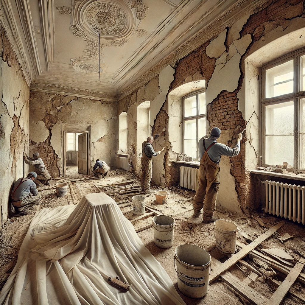 Proces naprawy zarysowanych ścian działowych w zabytkowym budynku w Tarnowie.