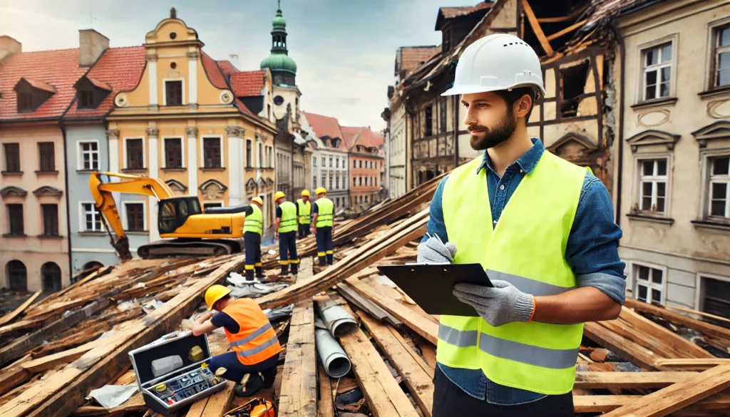 Zdjęcie przedstawia naprawę zawalonego dachu w Bytomiu, gdzie zespół budowlany pracuje pod nadzorem rzeczoznawcy budowlanego. W tle widoczna jest zabytkowa architektura miasta.