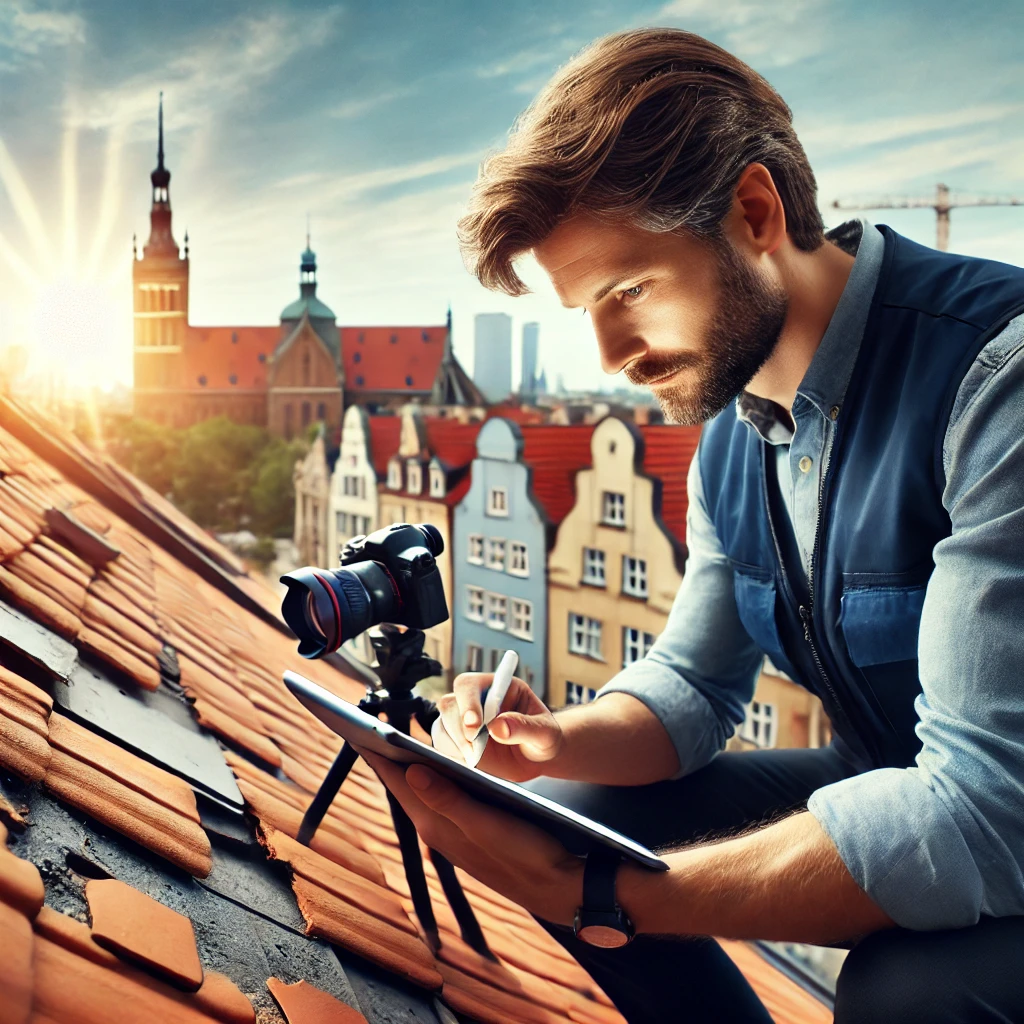 Rzeczoznawca budowlany w Gdańsku inspekcjonujący dach budynku mieszkalnego uszkodzony przez burzę, z użyciem tabletu i aparatu fotograficznego.