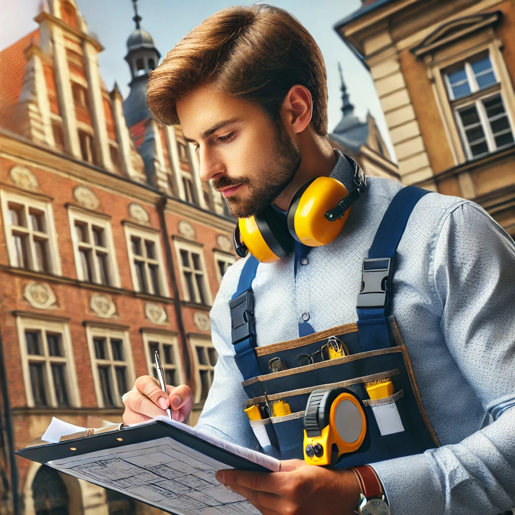 Ekspert budowlany w Krakowie inspekcjonujący zabytkowy budynek, wyposażony w clipboard, miarę i plany techniczne, z charakterystyczną architekturą Krakowa w tle
