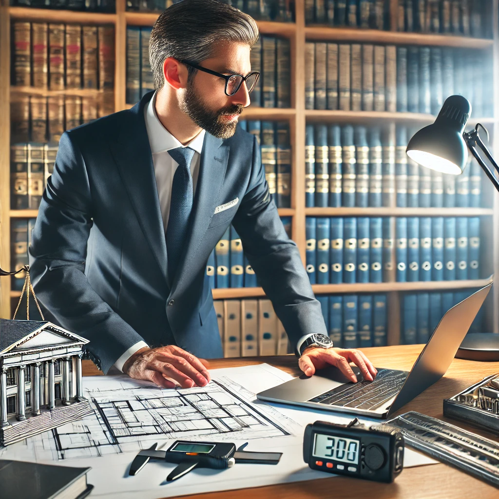 Rzeczoznawca sądowy w biurze analizujący dokumenty techniczne i plany architektoniczne na laptopie, obok narzędzi pomiarowych.