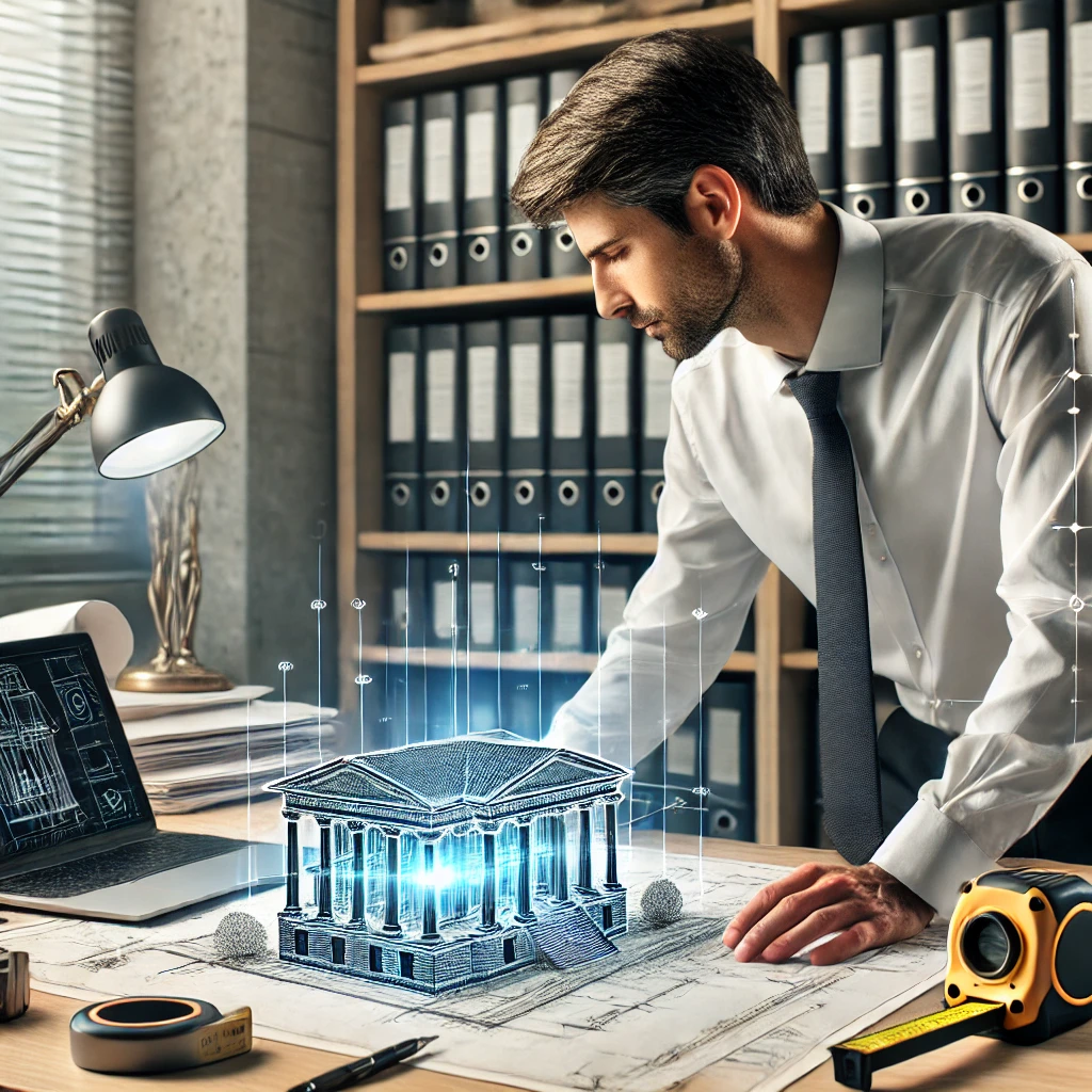 Rzeczoznawca sądowy pracujący w biurze, analizujący plany architektoniczne i dane skaningu laserowego na laptopie.