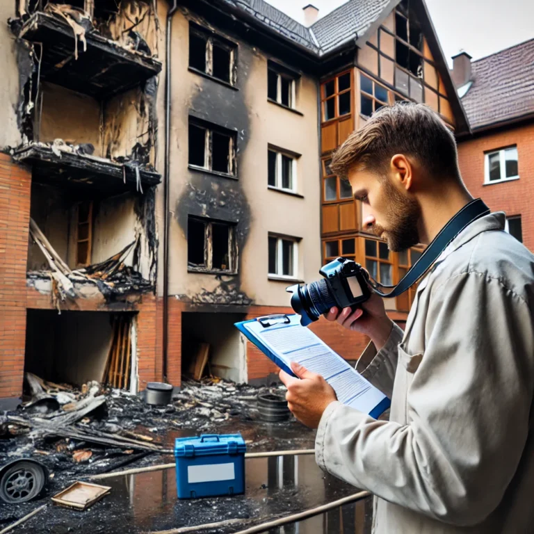 Zniszczony budynek w Opolu z widocznymi śladami pożaru, oglądany przez eksperta budowlanego.