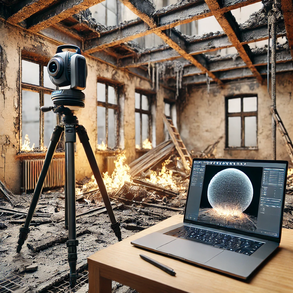 Wnętrze budynku po pożarze, skaner laserowy 3D na tripodzie i laptop z chmurą punktów dokumentującą uszkodzenia.
