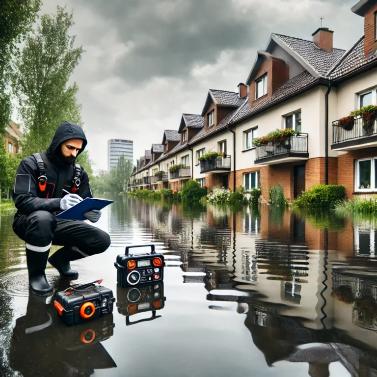 Zalany obszar mieszkalny we Wrocławiu, ekspert budowlany ocenia zniszczenia domu po powodzi.