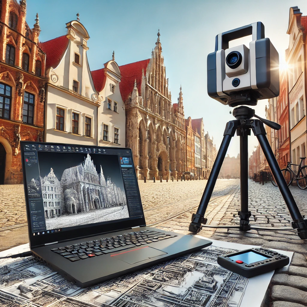 Zabytek w Gdańsku poddawany dokumentacji za pomocą skanera laserowego 3D na tripodzie, z laptopem wyświetlającym model 3D.