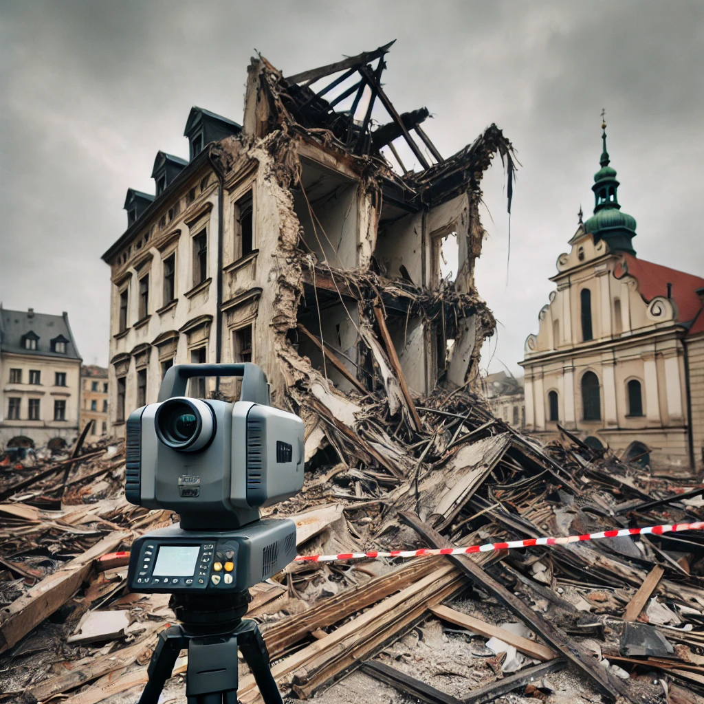 Rzeczoznawca budowlany wykorzystuje skaner laserowy 3D do dokumentacji zawalonej kamienicy w Krakowie, analizując szkody.