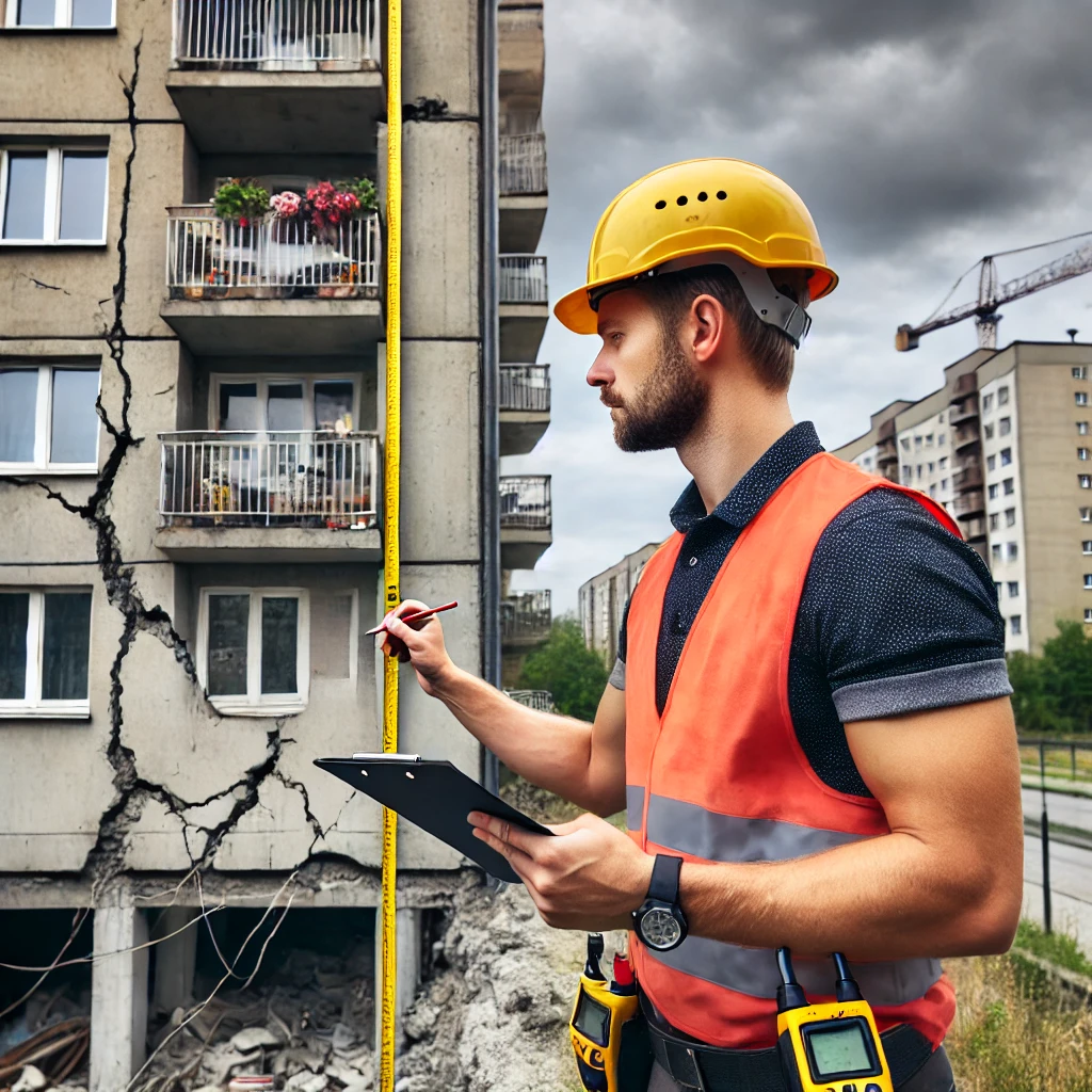 Biegły sądowy przeprowadza inspekcję budynku w Katowicach, oceniając szkody górnicze i dokumentując je w raporcie technicznym