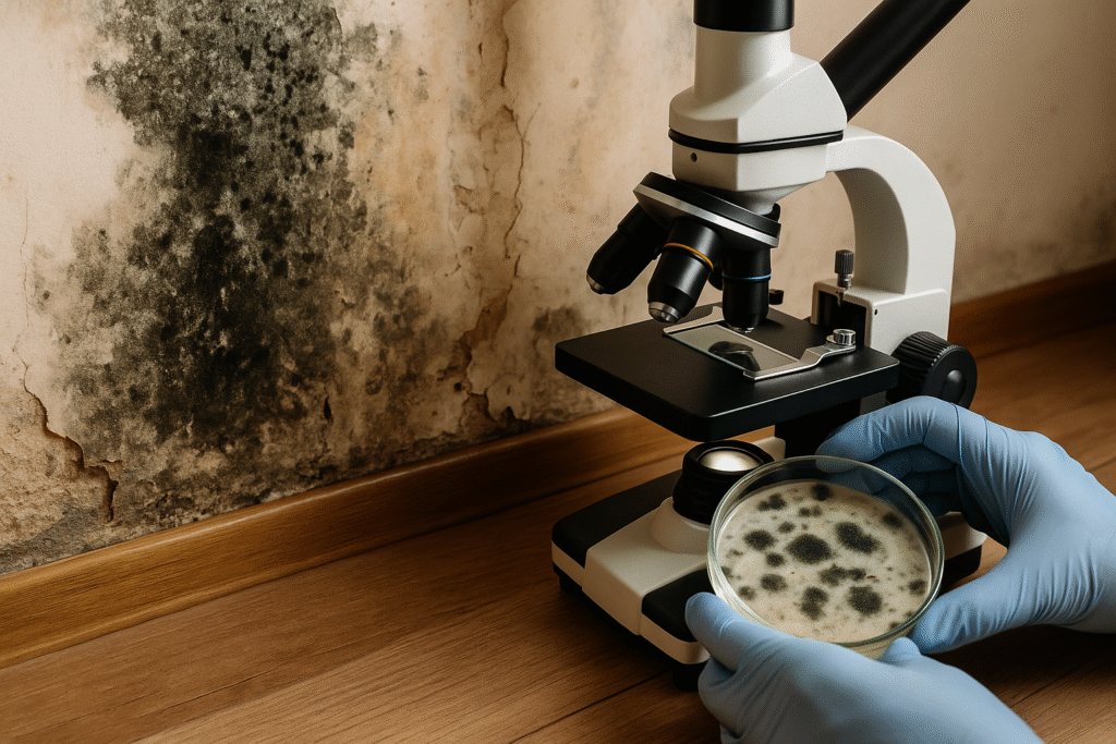 Zbliżenie na ścianę z intensywnym zagrzybieniem oraz mikroskop używany do analizy próbek pleśni w laboratorium, trzymanych w szalce Petriego przez osobę w rękawiczkach.