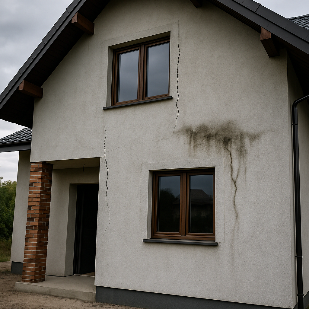 Nowoczesny, dwukondygnacyjny dom z widocznymi pęknięciami tynku i zaciekami wodnymi na elewacji, świadczącymi o poważnych wadach wykonawczych.