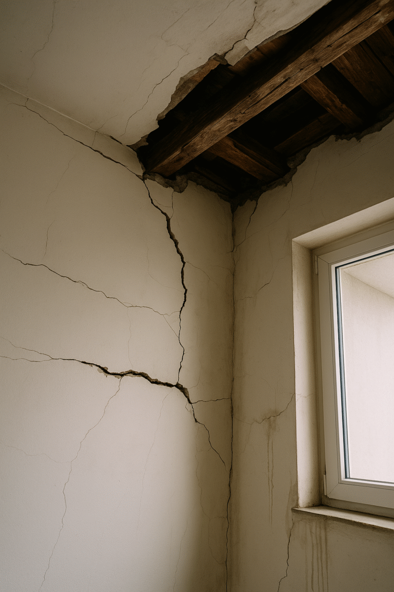 Widok wnętrza budynku z pęknięciami ścian i sufitu, odsłoniętymi belkami stropowymi oraz wyraźnymi zaciekami w narożniku przy oknie.