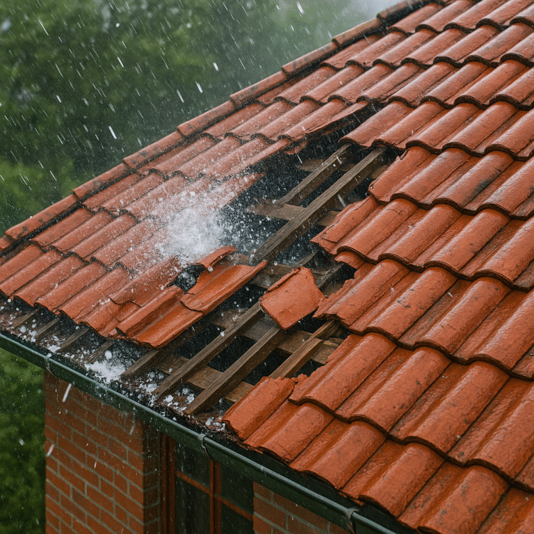 Silne gradobicie uderza w dach z dachówki ceramicznej – widoczne uszkodzenia pokrycia dachowego podczas intensywnego opadu.