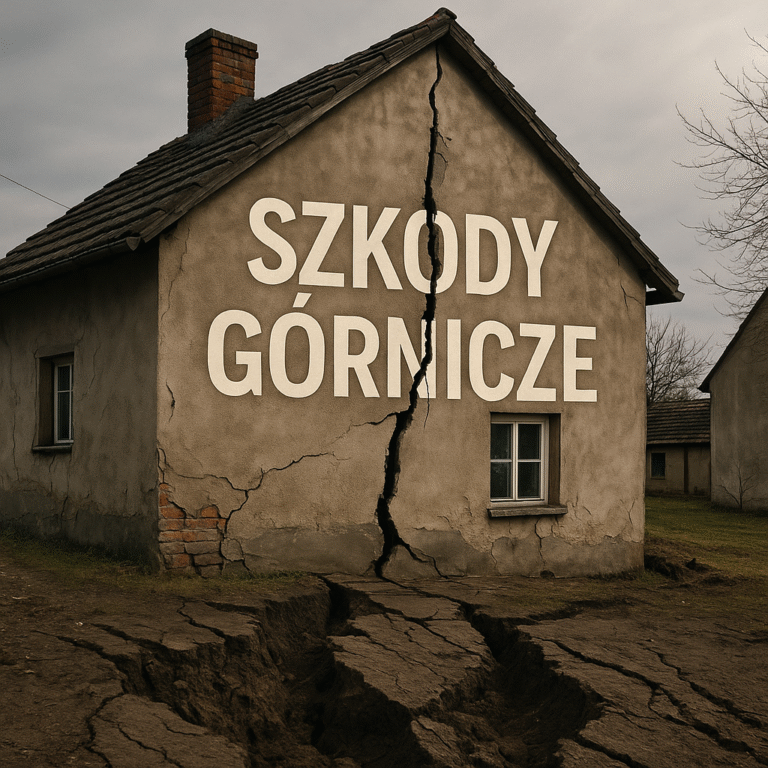 Dom z pionowym pęknięciem na elewacji spowodowanym szkodami górniczymi oraz zapadniętym gruntem przed budynkiem