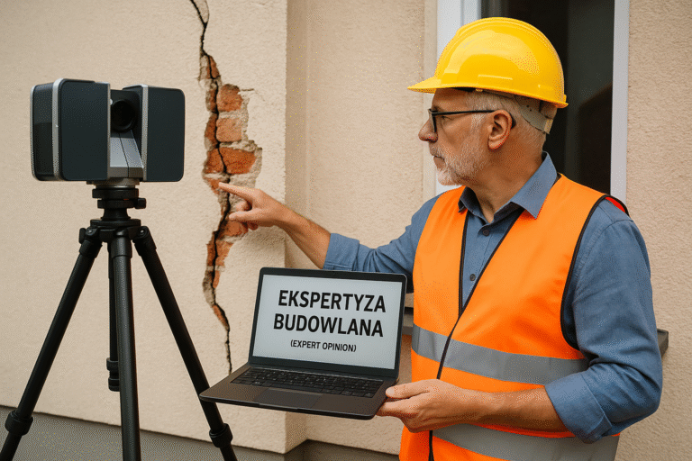 Rzeczoznawca budowlany wykonujący skanowanie laserowe 3D uszkodzonego budynku w celu dokumentacji szkód