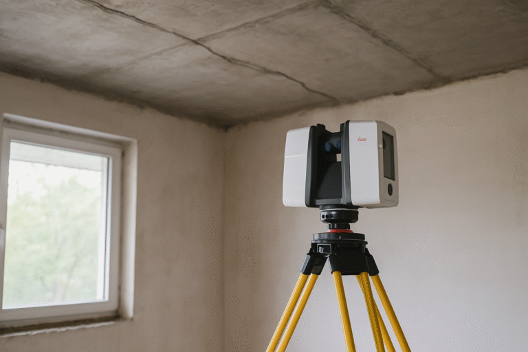 Skaner laserowy Leica 3D ustawiony na żółtym statywie geodezyjnym w pomieszczeniu z nieotynkowanym stropem