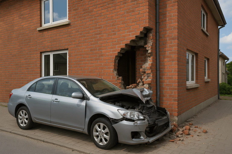Samochód, który uderzył w narożnik budynku, powodując uszkodzenia konstrukcyjne i zniszczenia elewacji.