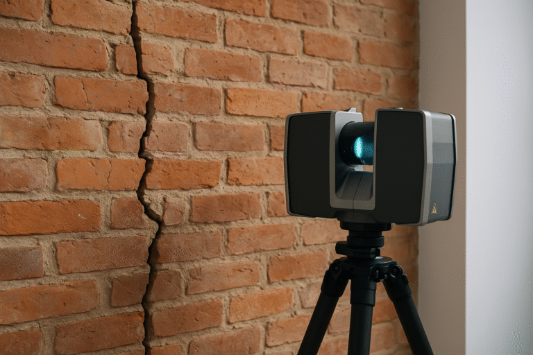 Skaner 3D skierowany na pęknięty mur z czerwonej cegły podczas pomiaru